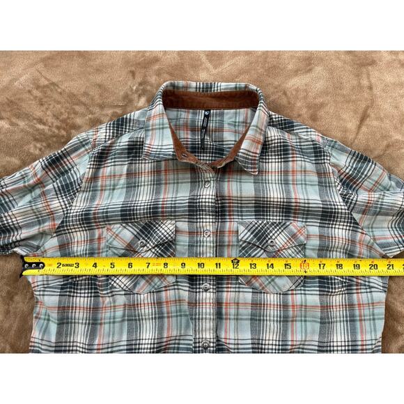 Kuhl Flannel Long Sleeved Snap Button Plaid Shirt Corduroy Accents Size Large - Picture 5 of 6